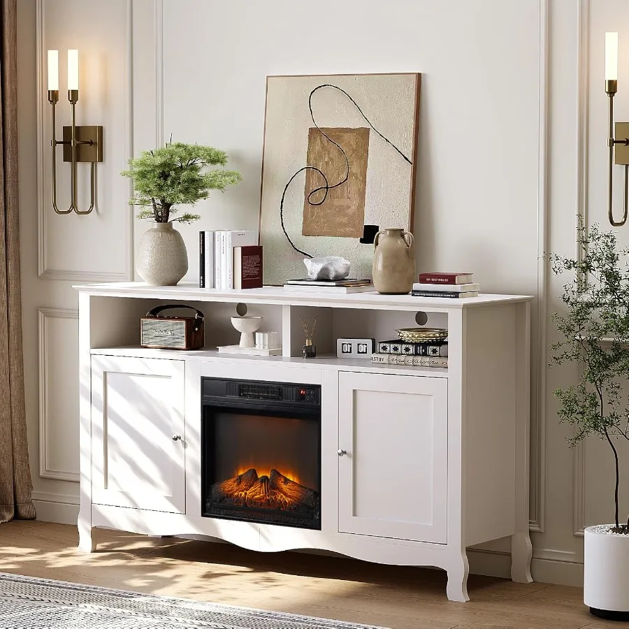 

Французский современный развлекательный центр с электрическим каминным обогревателем и изогнутыми ножками для телевизоров с диагональю до 70-дюймовых белых каминов Media C