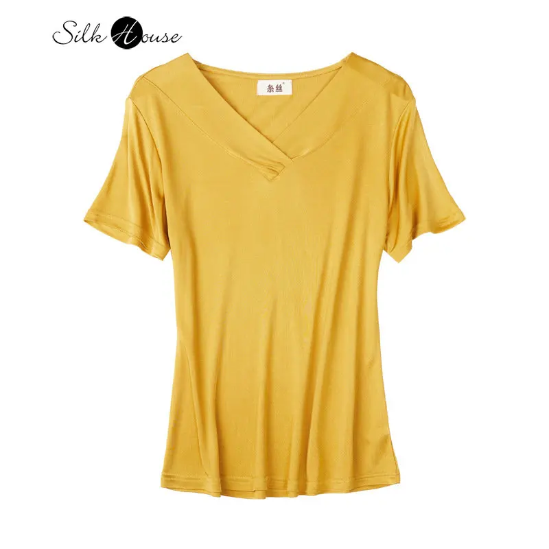 Silk Short Sleeved T-shirt Women's Summer Solid Mulberry Silk Fold Collar Top Versatile Thin V-neck Straight Bottoming Shirt