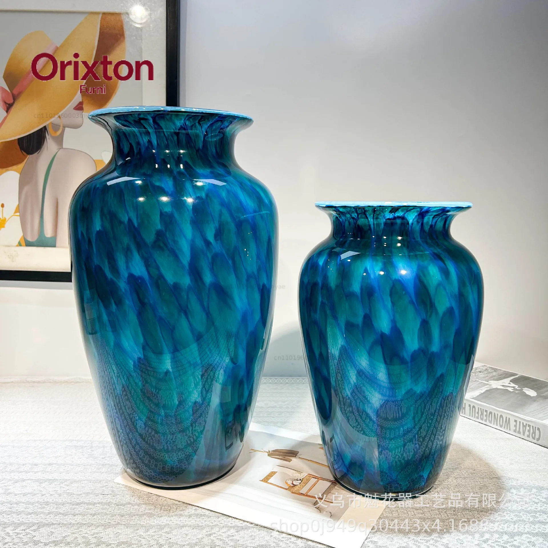 A creative handcrafted glass vase with peacock feathers in a medieval style