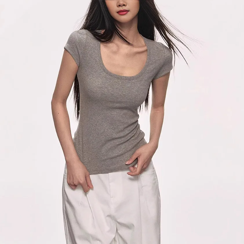 

Women's Short Sleeve T-shirt 2026 Summer Base Layer For Women Retro Standard Shoulder U-Neck T Shirt Slim Fit Stretchy Top