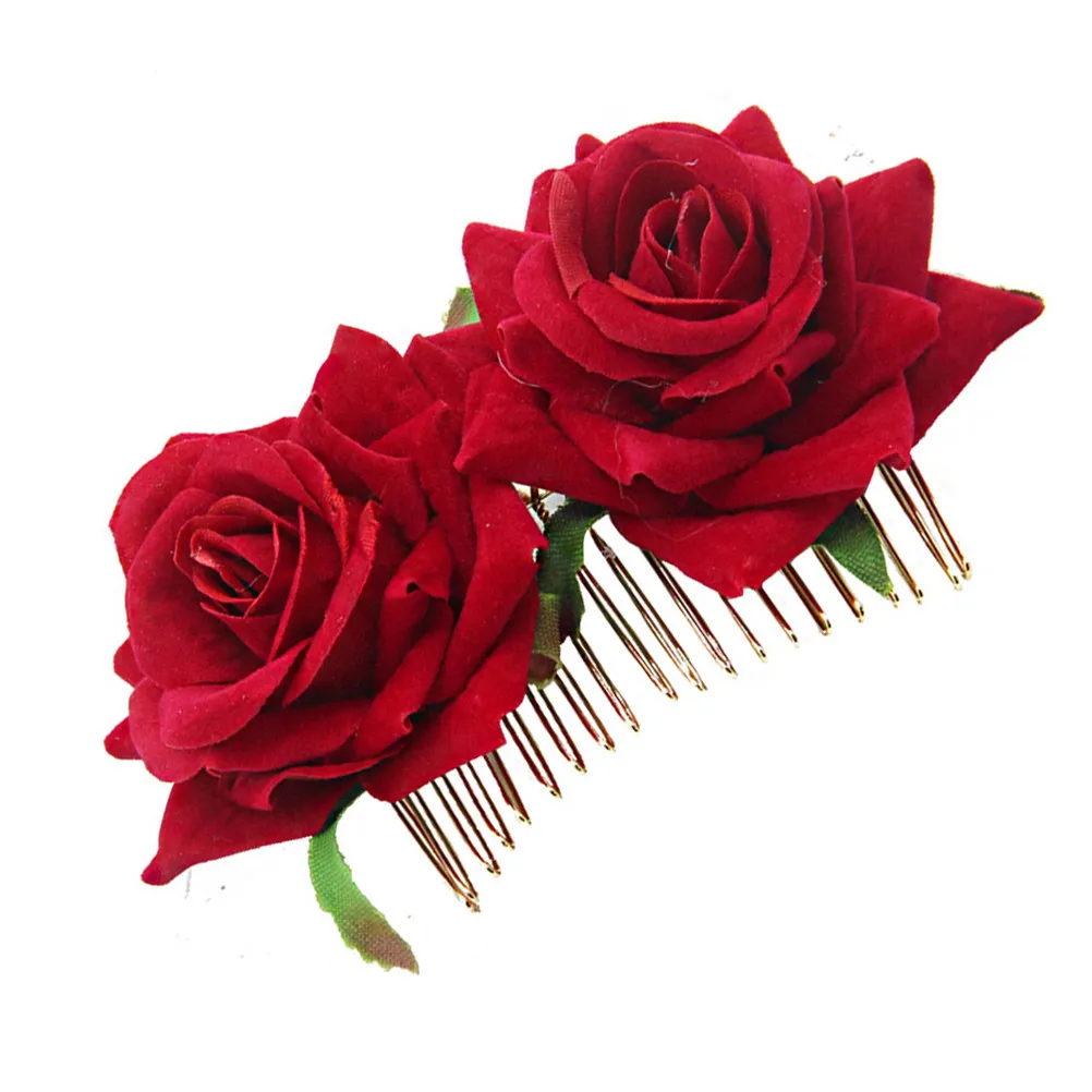 Pinza para el pelo con rosa roja, elegante horquilla doble con flor, delicados accesorios para el cabello para mujer, para bodas, fiestas de graduación, flamenco, estilo mexicano