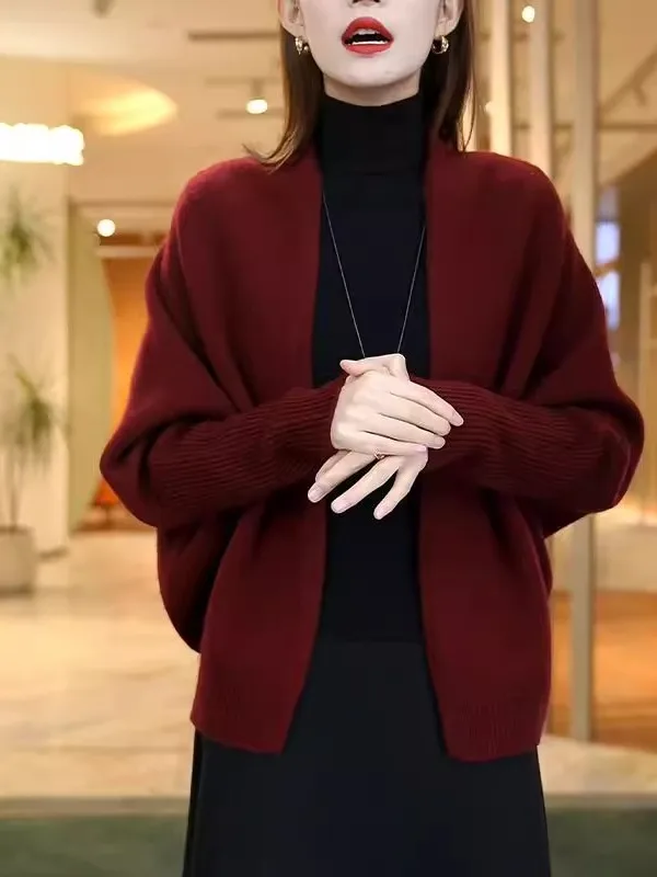 

Красный длинный свободный вязаный кардиган-свитер для женщин, осенне-зимняя коллекция, брендовый аутлет, корейский стиль