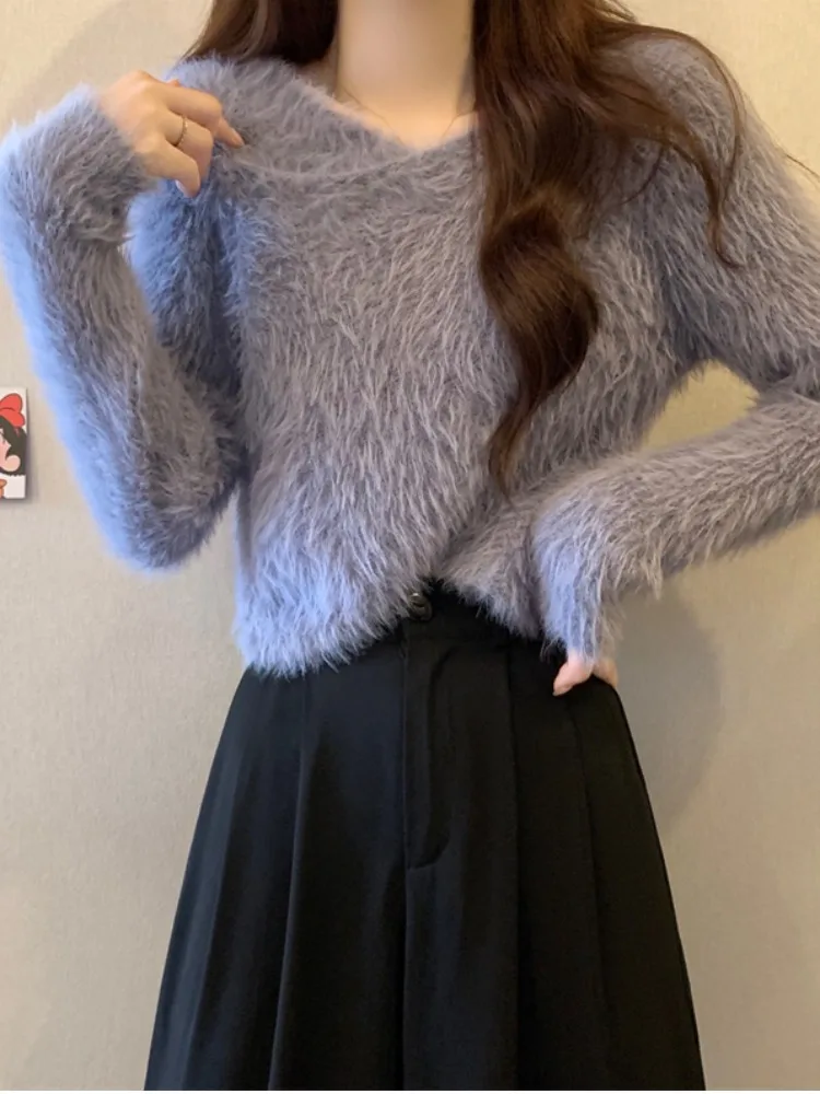 

Thiened Mink Sweater Women's Warm Inner Wear Camere Knitted irt Autumn Winter Cross Design Small Size Top V-ne Long S...