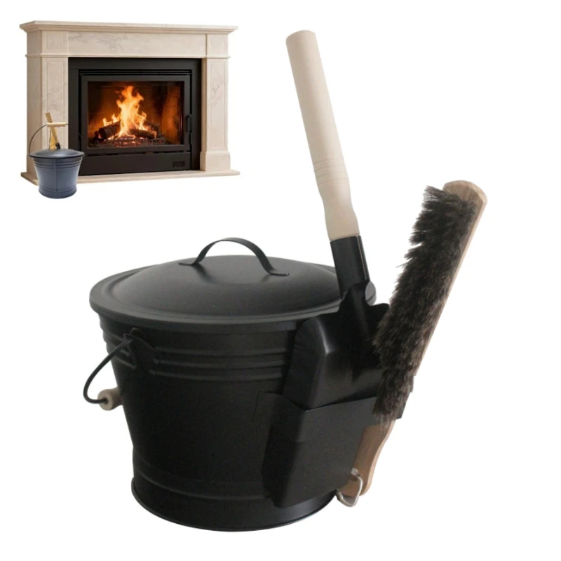1SET Fireplace Ash Bucket with Lid for Ashes Fire Pit Wood Burning Stove Grill Outdoor Camping Metal Bucket Pail w/ Shovel/Broom