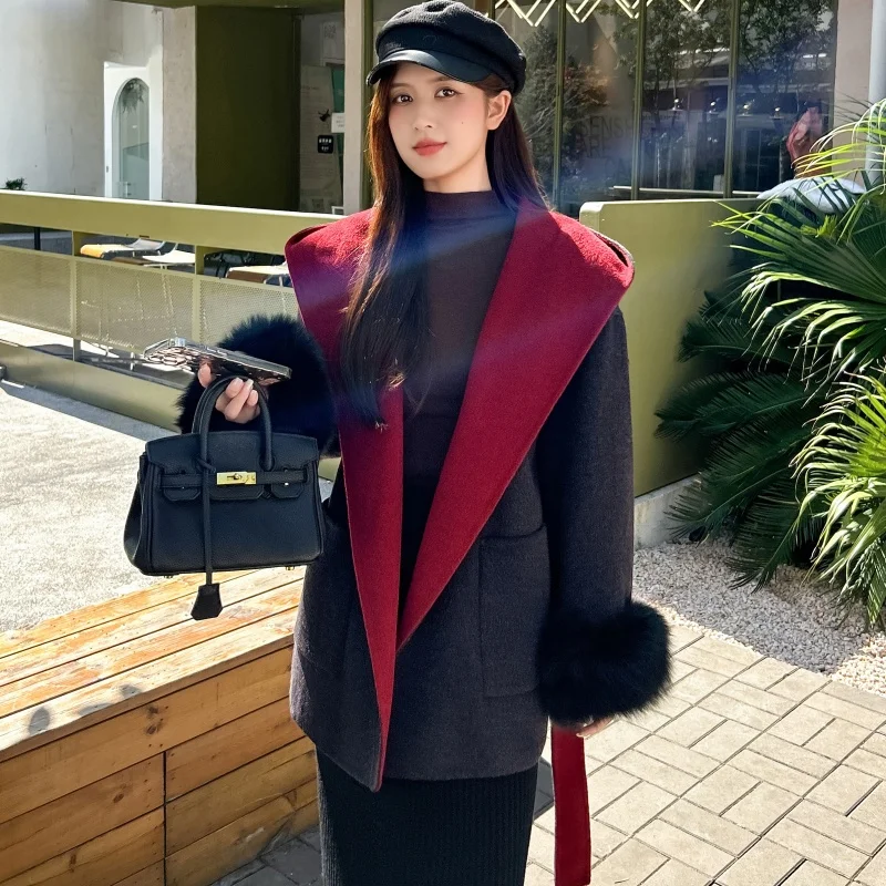 Fox fur coat women's coat new autumn and winter wool coat medium long woolen coat Korean version hooded coat