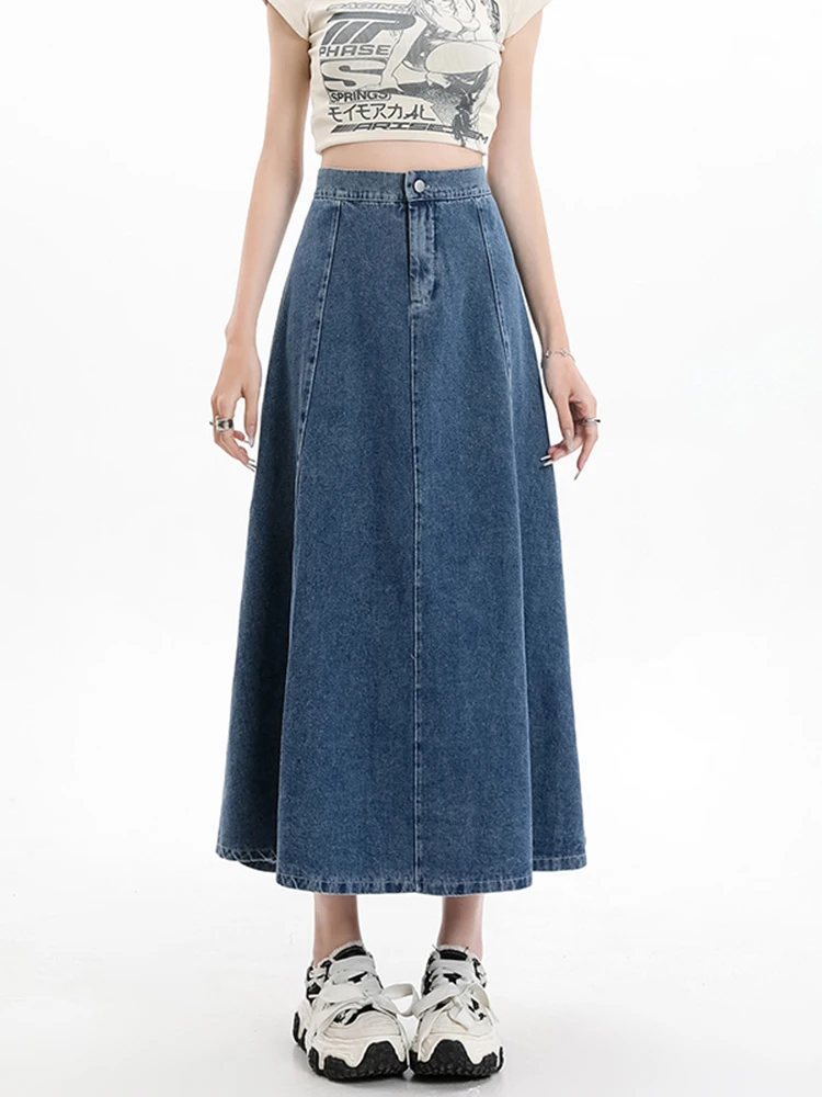 Long Denim Skirt Women 2024 Spring Summer New Arrivals High Elastic Waist A Line Jeans Skirts Korean Fashion Casual Blue Skirts