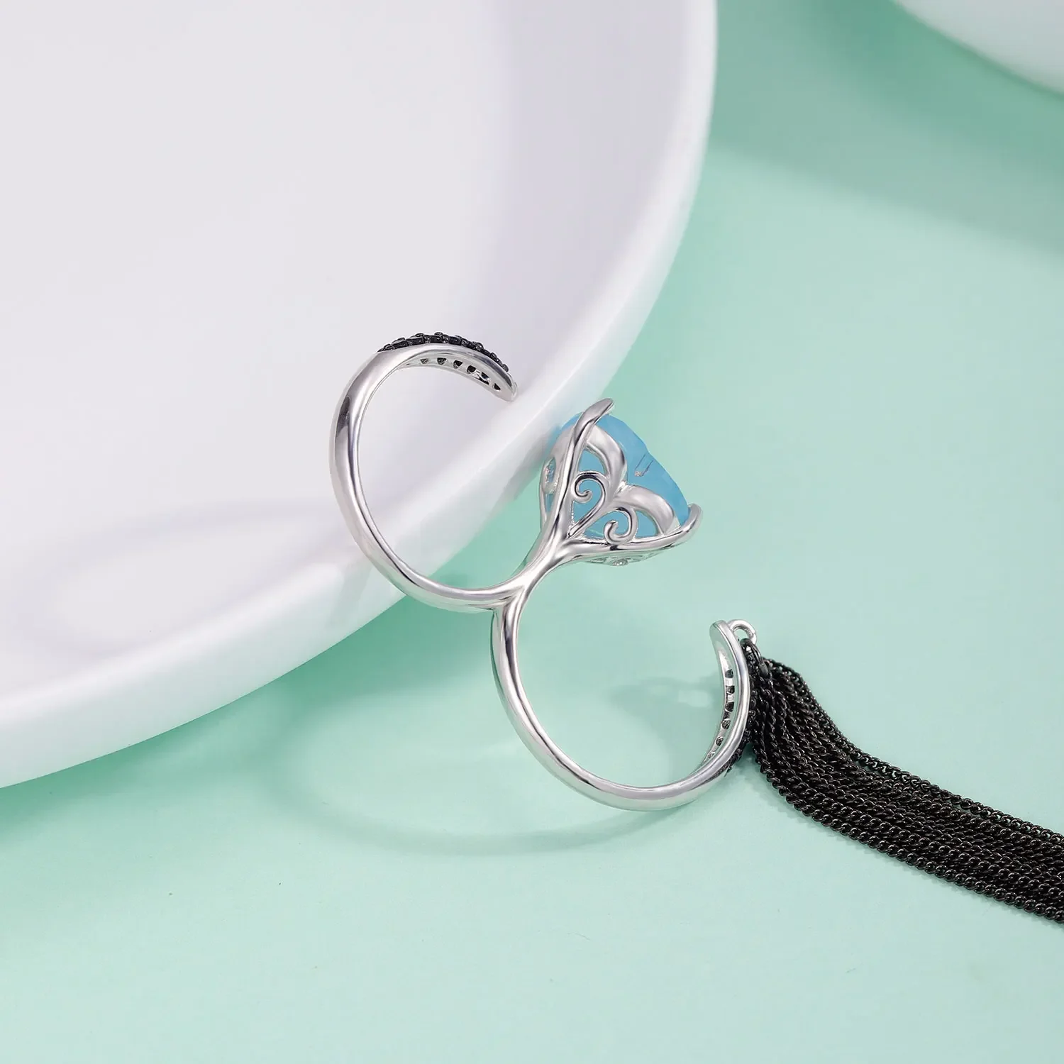 GEM\'S BALLET 925 Sterling Silver Gemstone Two Finger Ring Natural Heart Aqua-blue Calcedony Adjustaboe Open Gift For Her