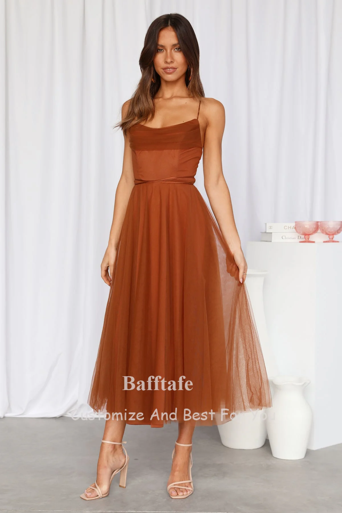 Bafftafe Simple Tulle Midi Prom Dresses Spaghetti Strap Backless Tea-length Women Formal Party Homecoming Dress abiti da sera