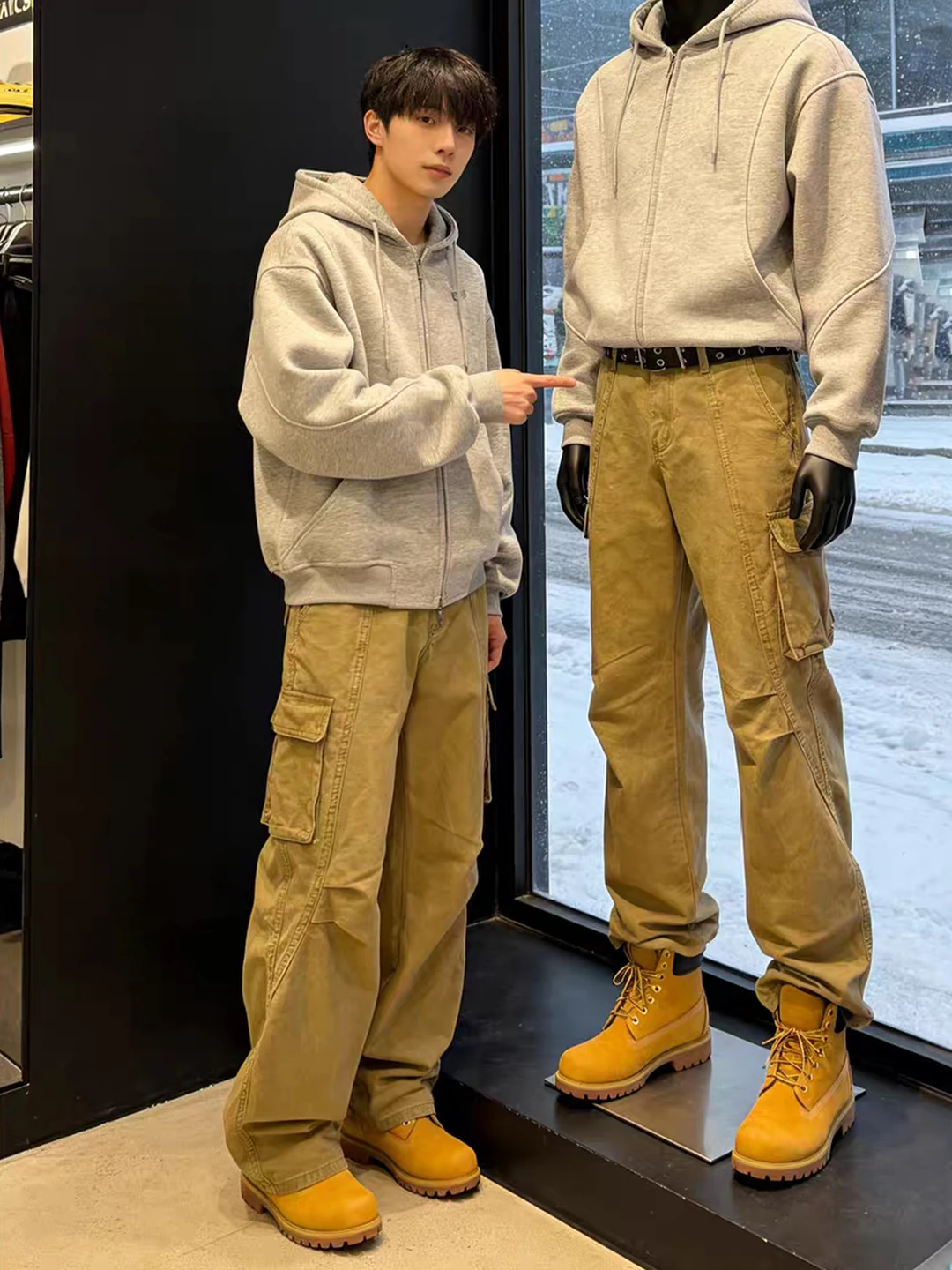 

Khaki Spliced Pleated Workwear Pants Men Spring American Waed Knife Jeans Straight Leg Slimming Flared Pants Casual Jeans