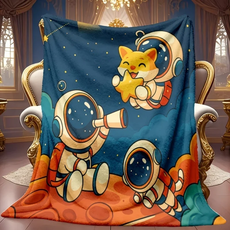 Cartoon Astronaut Cat Flannel Blanket Space Telescope Starry Sky Fleece Blanket Soft Warm Cozy Throw Blankets For Bed