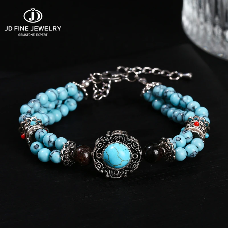 

JD Natural Stone Light Blue Turquoise 3-Layers Charm Bracelets Women Men Bohemia Vintage Adjustable Hand Chain Ethnic Jewerly