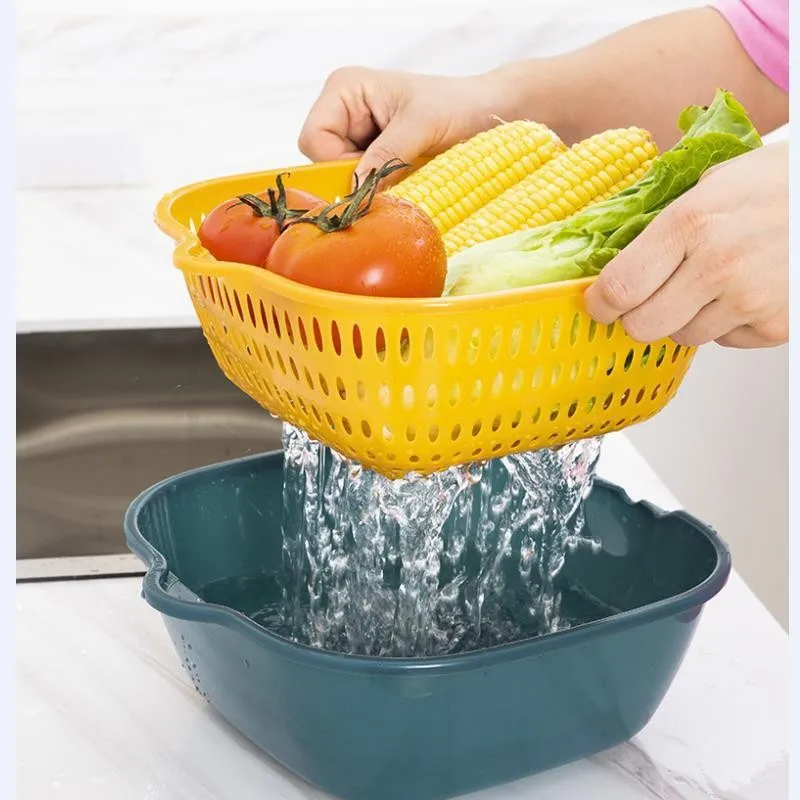 Large Capacity Thickened Double-Layer Drainage Basket Set of Six: Kitchen Storage Plastic Vegetable Washing Basket Safe Material