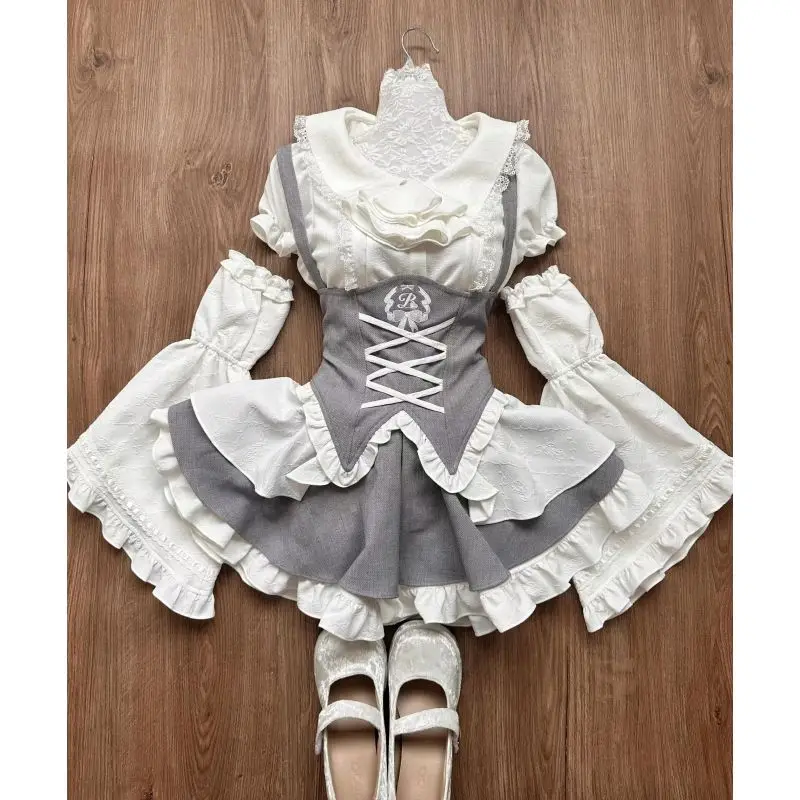 

Japanese Kawaii Cute Lolita Skirt Set Women Sweet Lace Patchwork Shirt Top Slim Bandage Suspender Skirt Preppy Style Gothic Suit