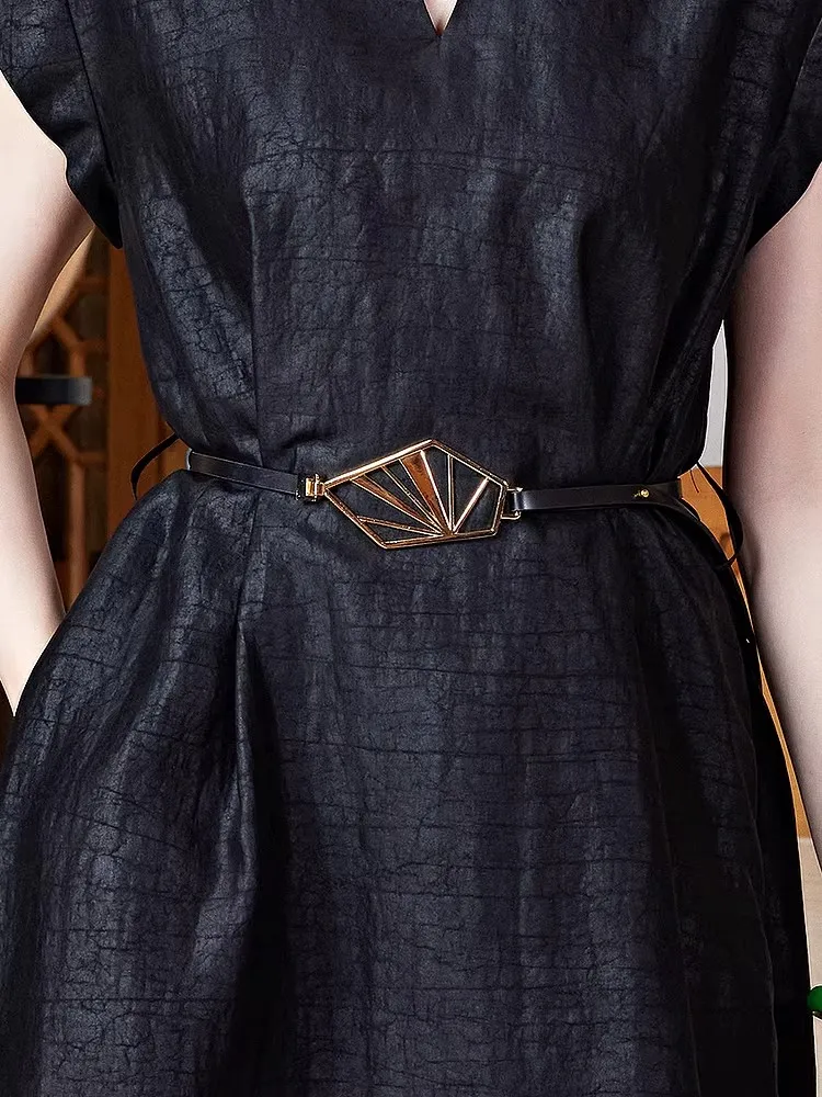 Genuine Leather Thin Belt with Geometric Shaped Light Gold Buckle, Slim Leather Waistband Dress Decration Narrow Belt  J070