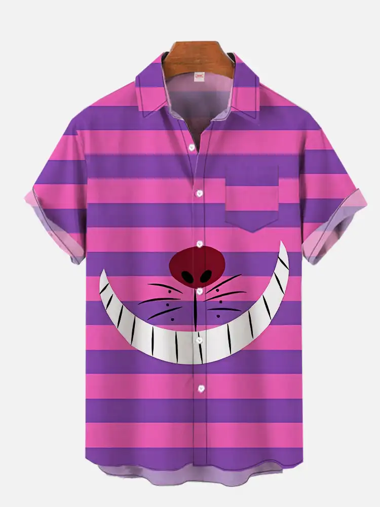 Hawaiian striped anime smiley print men\'s short-sleeved shirt Beach casual lapel top 2024 new large size