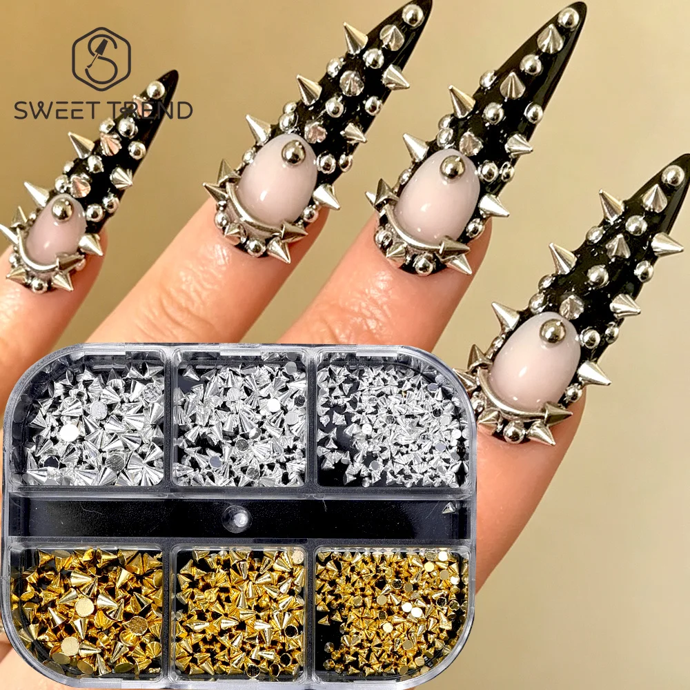 SWEET TREND-1Box 3D Silber Punk Nieten Nagelcharms 3D Kegel-Spikes Gothic Nieten für Maniküre Nagelkunst Dekoration Zubehör