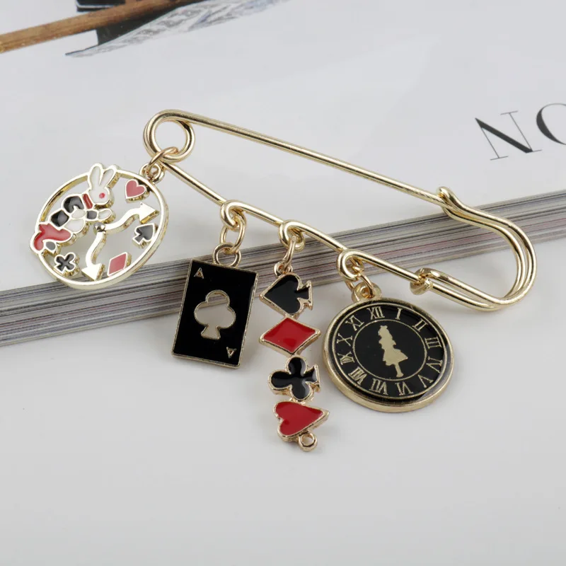 Wonderland Cartoon Brooch Buckle Safety Pins Cute Metal Enamel Rabbit Clock Poker Shape Women Children Bags Hat Badge