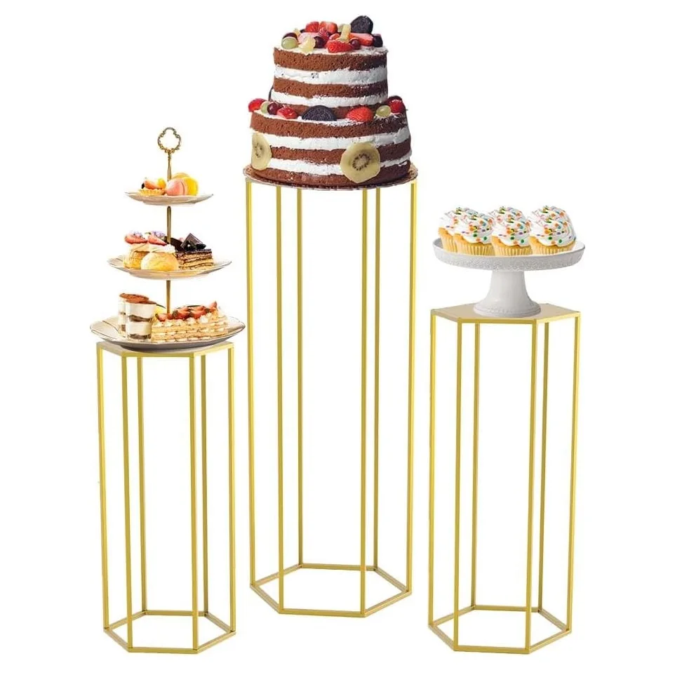 3Pcs Cylinder Stand Hexagon Gold Pedestal Stand For Party, Metal Plant Stand Cake Cylinder Pedestal Stand For Wedding Decoration