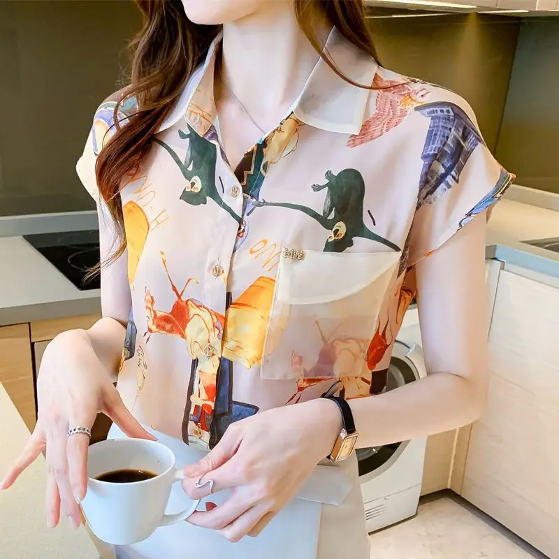 2023 New Summer Elegant Printing Pocket Turn-down Collar Short Sleeve Blouse Femme Fashion Patchwork Chiffon Shirts Women Clothe