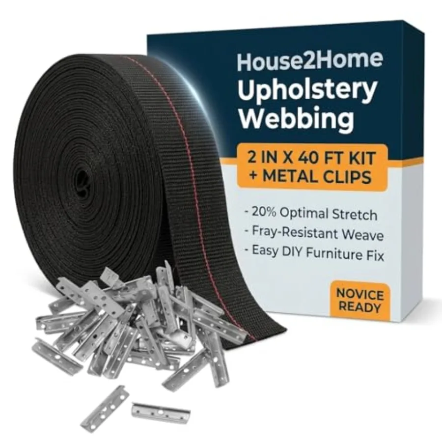 

2" x 40' Upholstery Webbing Roll with Metal Clips Elastic Furniture Support Strap for Sofa Chair Cushion Repair Couch Cushion S