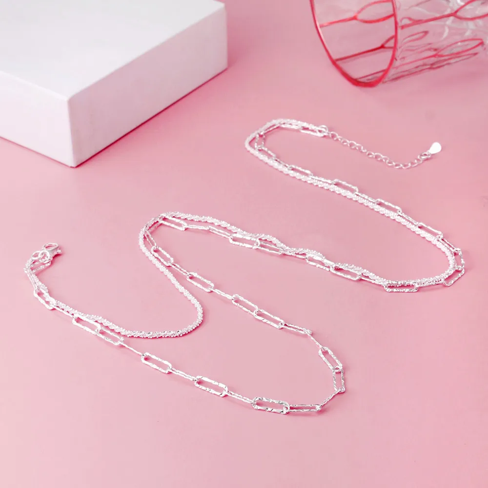 

Hot 925 Sterling Silver charm Double geometric chain Necklaces For Women fashion party wedding engagement Jewelry holiday gifts