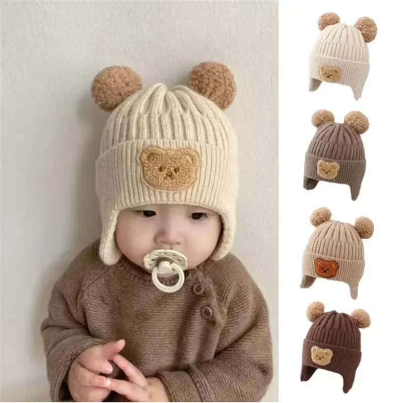 Baby Cute Bear Ear Protection Wool Hat Children Winter Thickened Warm Knitted Hat