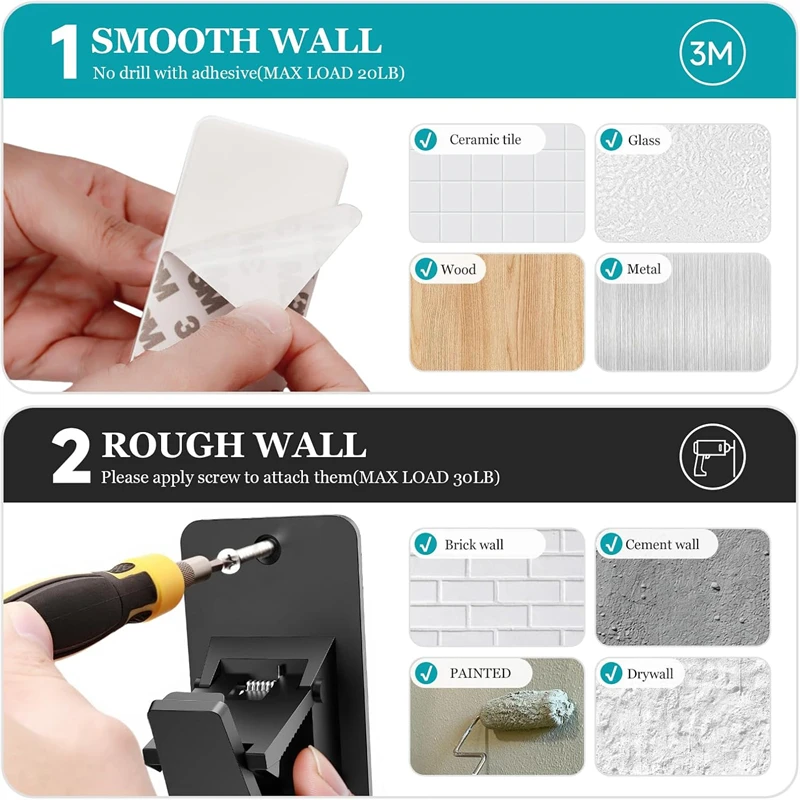 حامل قضيب الستارة العالمي 2/4 قطعة أسود بدون مثقاب ذاتي 3M لاصق يصل إلى 30 رطل للحمام وغرفة النوم وغرفة المعيشة والمطبخ #6