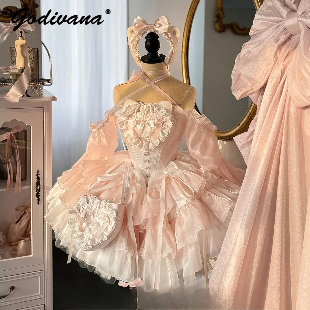 Lolita Princess Pink Dress Full Set with Ear Headbands Women Girls Sweet Off Shoulder Long Sleeve Bow Slim Short Cake Dresses