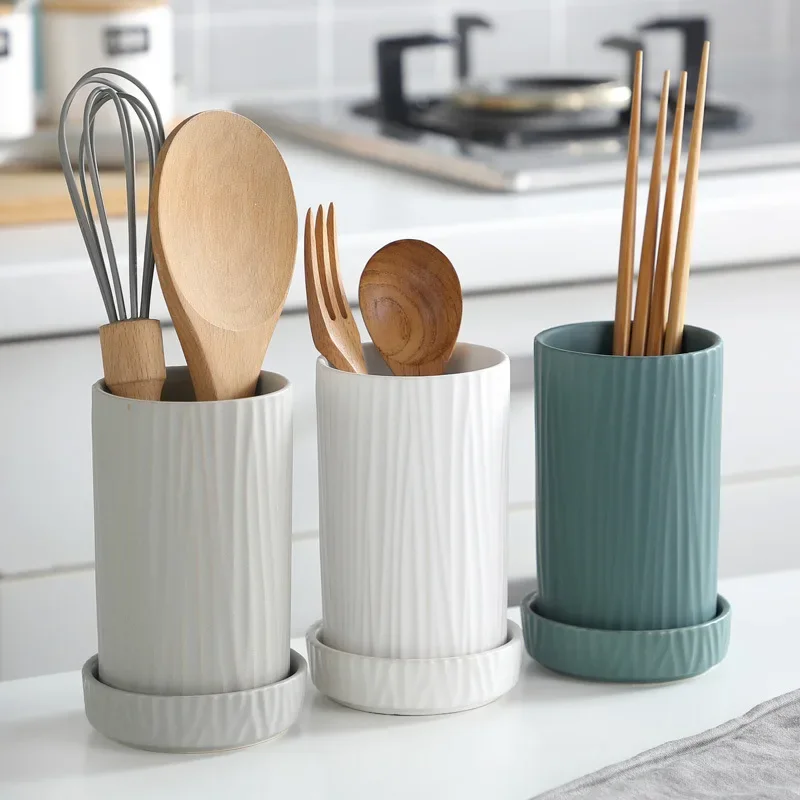 Tubo de palillos de cerámica para almacenamiento de cocina nórdica, tubo de palillos con placa de drenaje, jaula para palillos para el hogar, estante para palillos de Hotel
