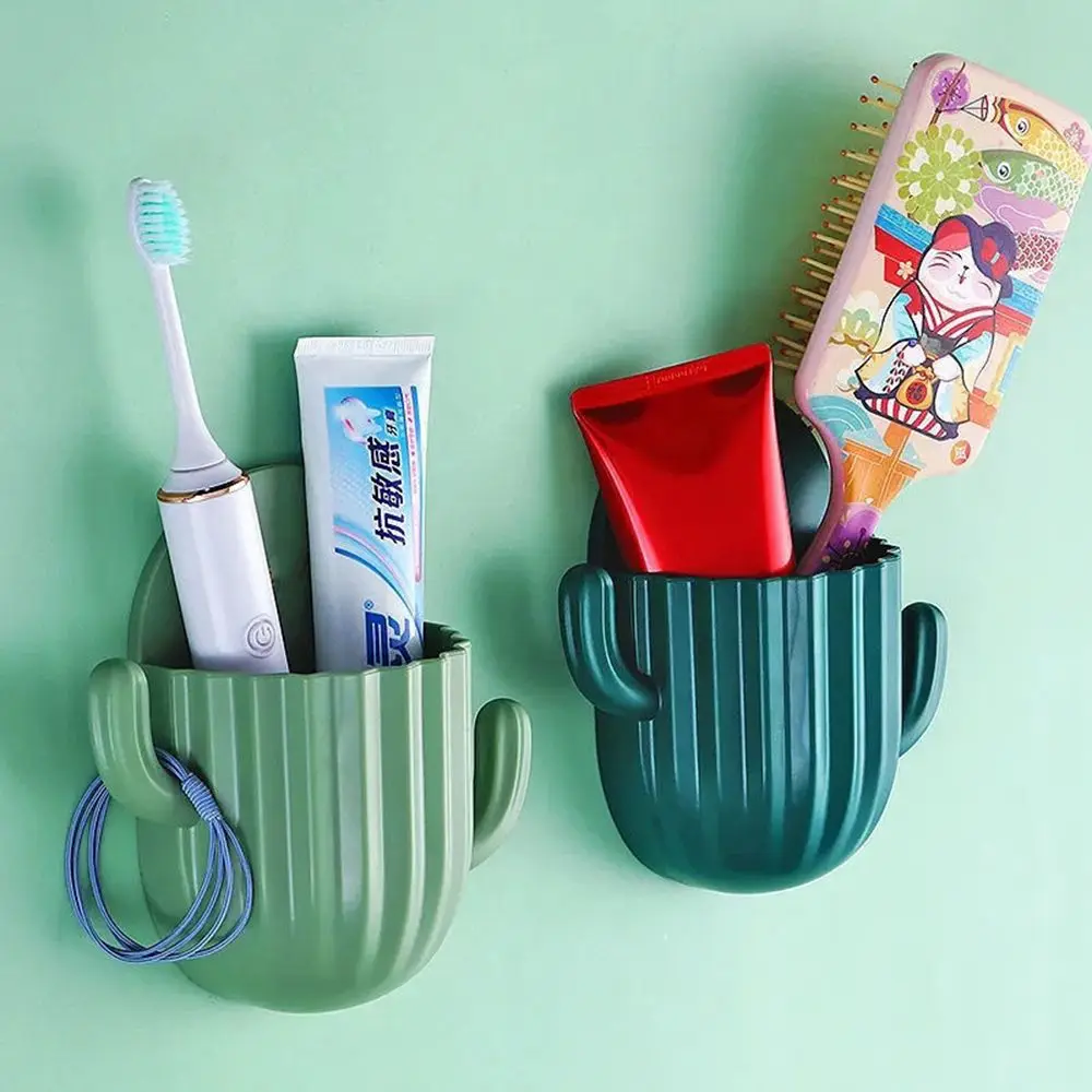 Plastic Household Self-adhesive Bathroom Accessories Drain Shelf Toothbrush Holder Storage Rack Shaver Organizer Cactus Hook