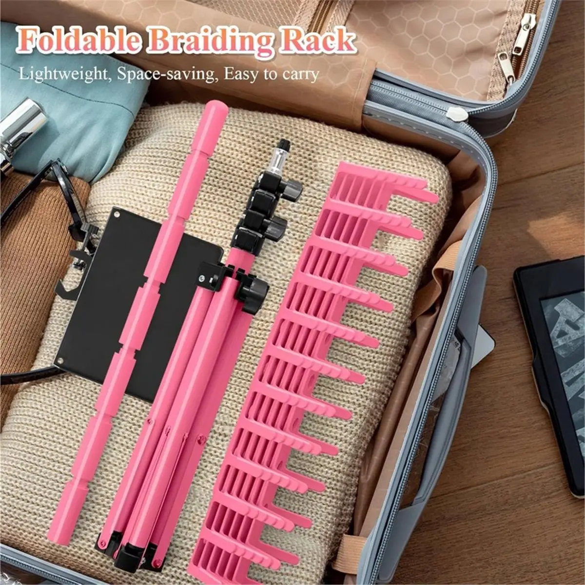 [N84R] Braiding Rack with Tray, 144 Pegs Height Adjustable, 2-Side Hair Extension Holder, Hair Stand with Stylist Tools Pink