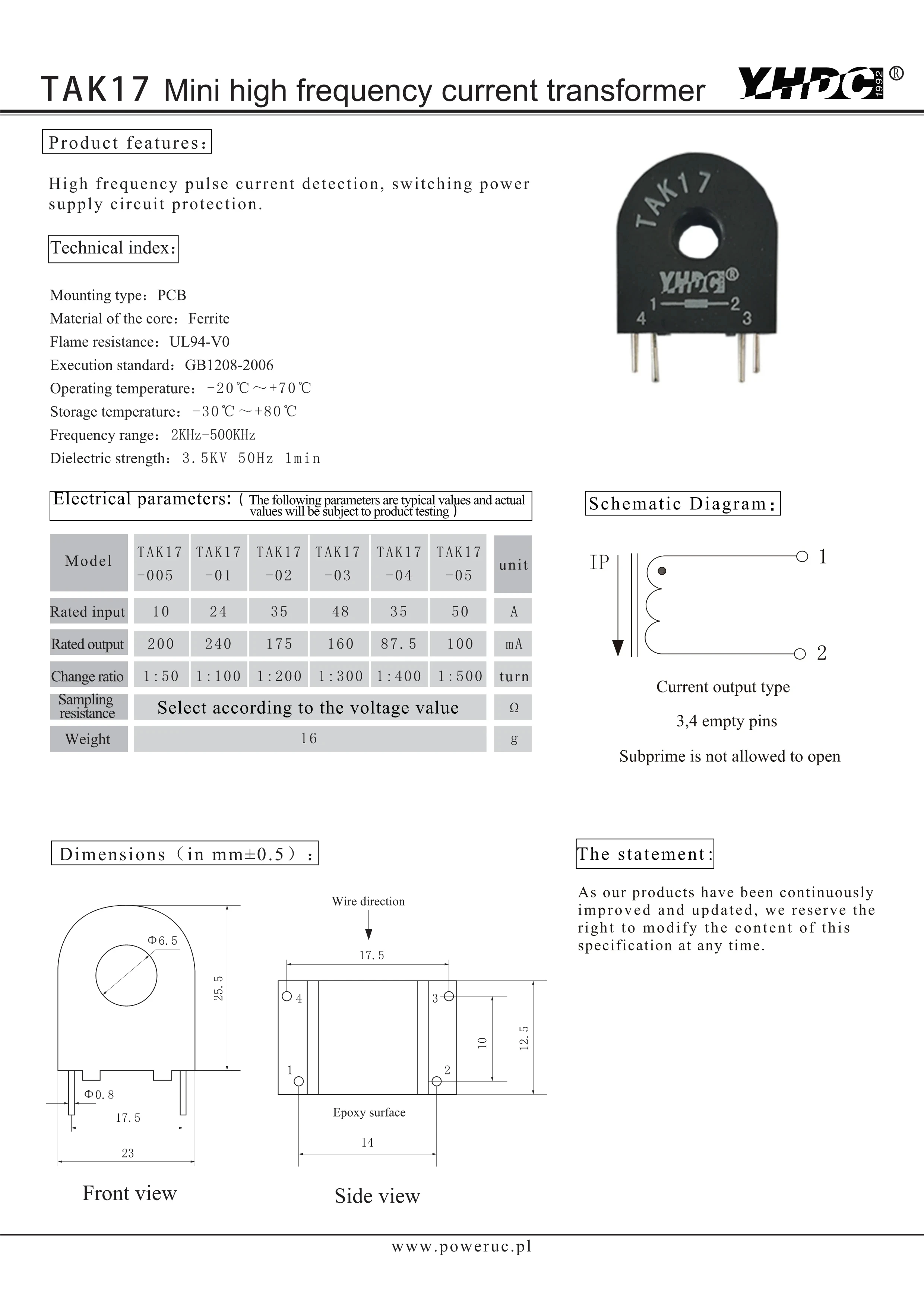 TAK17 Input 10A/24A/35A/48A/50A Output 200mA/240mA/175mA/160mA/87.5mA/100mA High Frequency Current Transformer