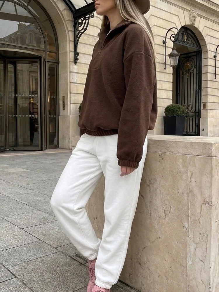 Tossy Fleece Half Zip Sweatshirt Long Sleeve Mock Neck Drop Shoulder Ribbed Cuff Ribbed Hem Oversized Daily Street Sweatshirt