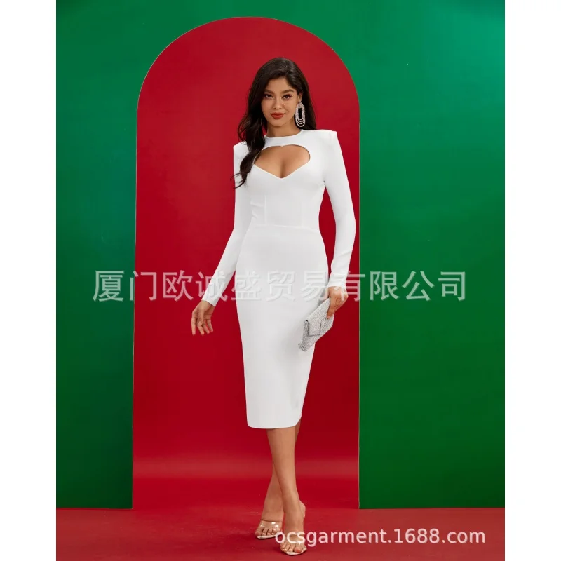 Cross-Border Bandage One-Piece Dress Long Sleeve Hollowed Heart Shape Bandeau Sexy Slim Temperament Women's Clothi