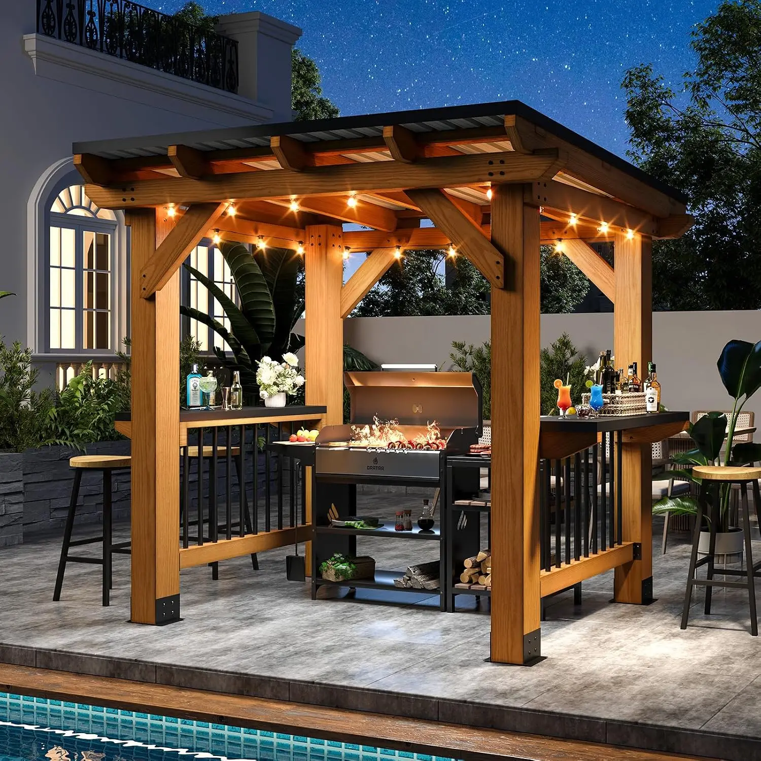 8' x 5' Cedar Wood Grill Gazebo with Slope Galvanized Steel Roof, Customized