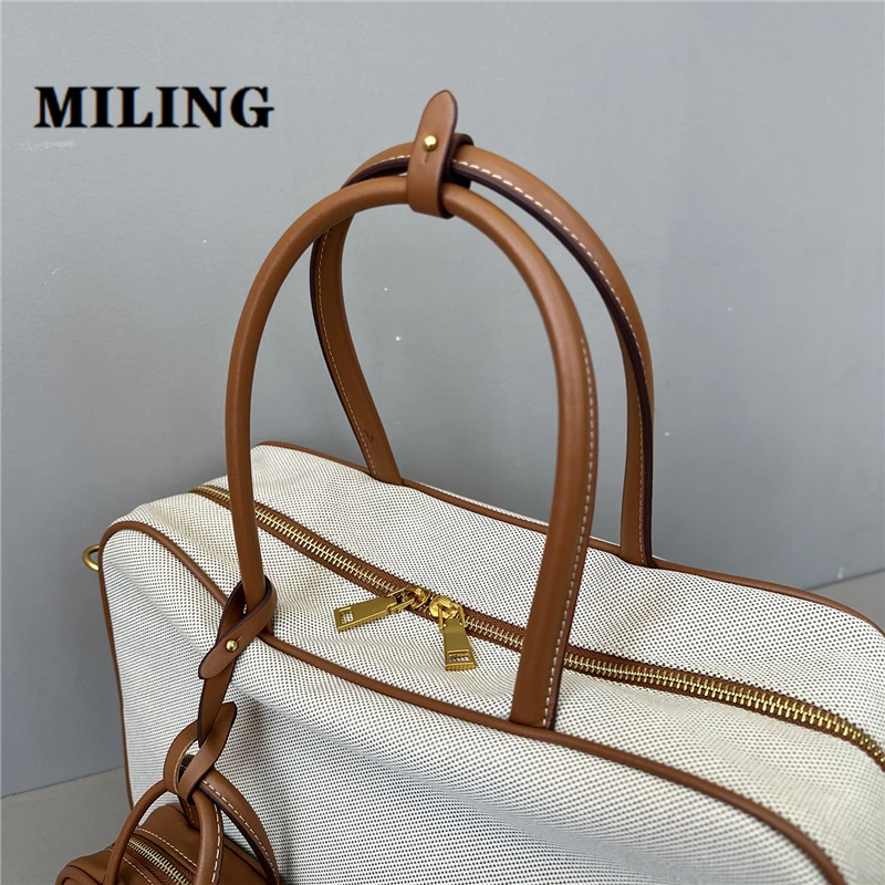 Women Cowhide Patchwork Canvas Handbag Large Capacity Commuting Bowling Bag Gold-tone Zip Square Handbag With Shoulder Strap