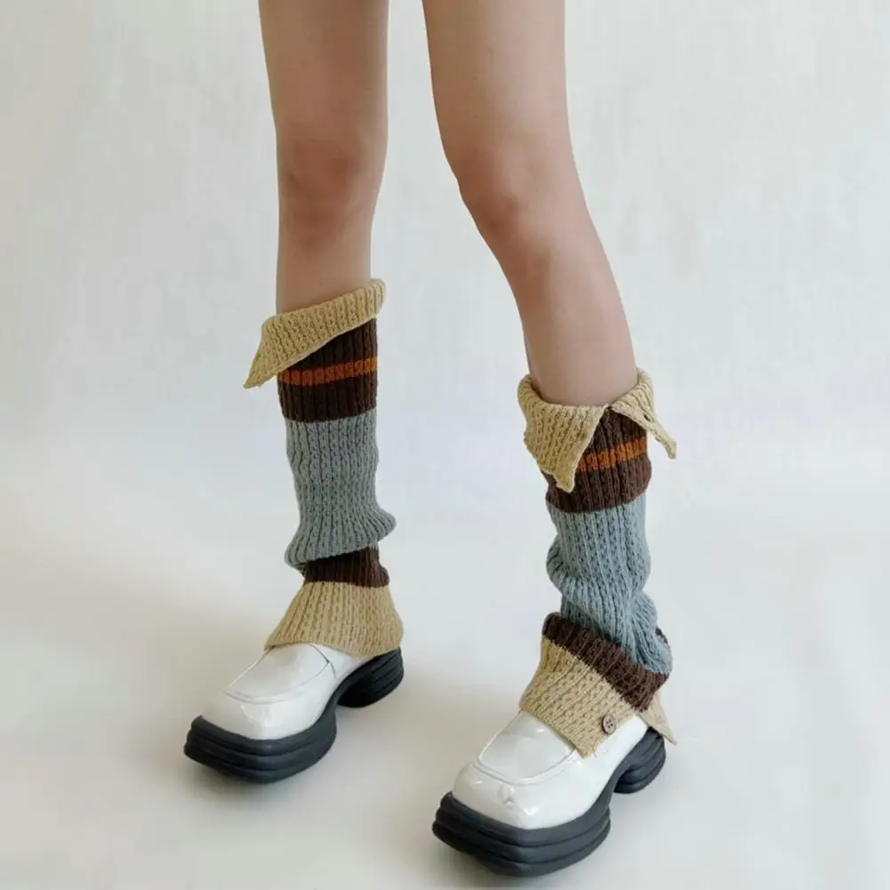 

Winter Women Calf Socks Knitting Stretch Contrast Color Stitching Button Up Keep Warm Japanese Style Leg Warmers