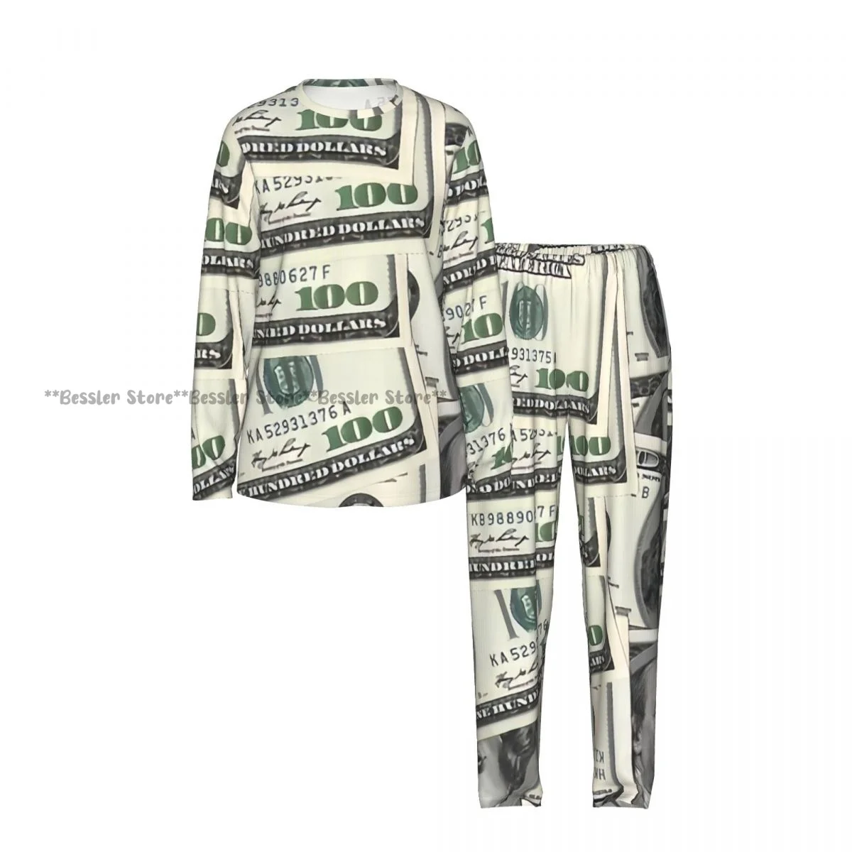 Women Round Neck Pajama Suit Long Sleeve Tops Long Pants US Dollar Texture Ladies Nightwear Home Outfit