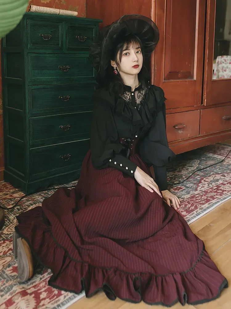 Vintage Gothic 2 ชิ้นชุดผู้หญิงสีดํา Lace Ruffle เสื้อ + Lace-up Midi กระโปรงฤดูหนาว Court Retro ชุดลําลองเครื่องแต่งกาย