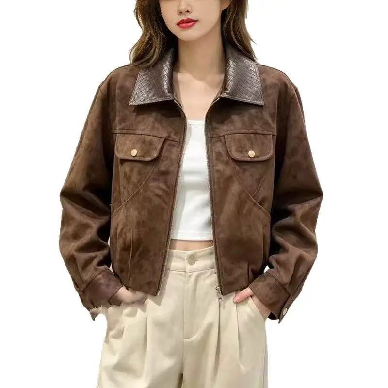2026 Autumn Female Retro Brown Collar Jacket Women'sNew Product Loose Short Coat Versatile Commuting Style Zipper Coat