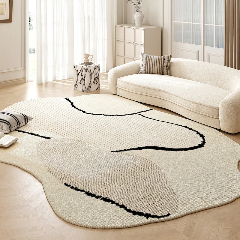 VIKAMA Irregular Abstract Spotted Floor Mat, Anti Slip Beige Artistic Line Large Carpet, Living Room Indoor Home Decoration