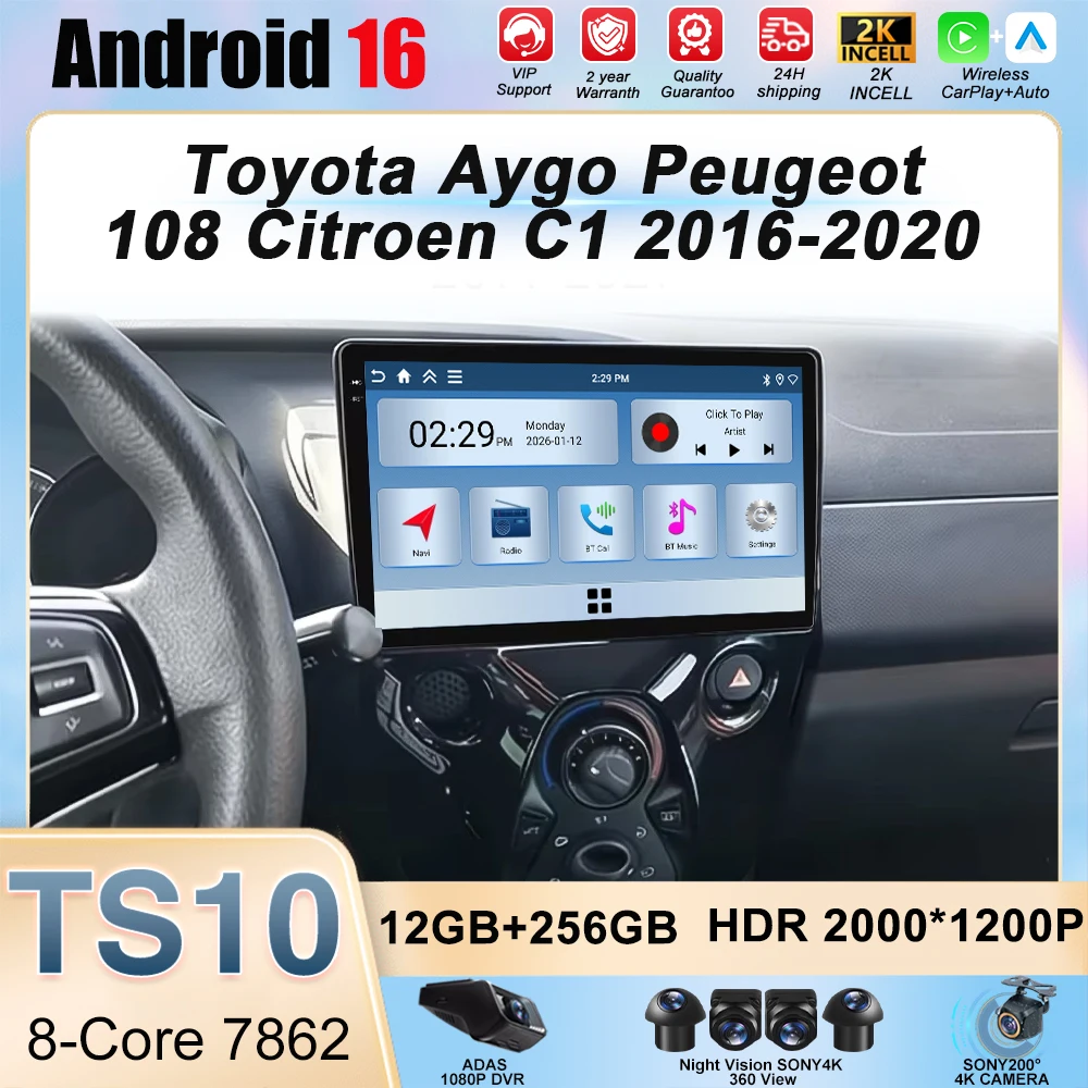

Car Radio for Toyota Aygo Peugeot 108 Citroen C1 2016-2020 Android 16 Navigation GPS with Android Auto And Carplay 2K Screen Uni
