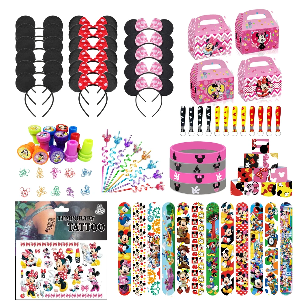 Suministros de regalo para fiesta de cumpleaños de Minnie, pegatinas para fiesta de Mickey, pajitas reutilizables para beber, pulseras, sello, bolsas de papel, anillo