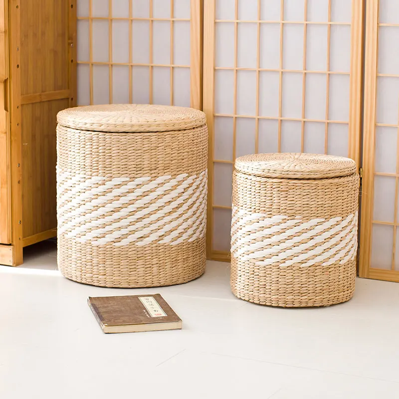 Caoyiju round storage stool storage stool solid wood shoes stool pastoral simple storage stool storage box sofa stool