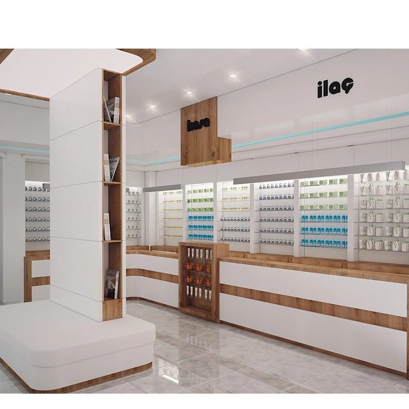 Customized-Shop Display Showcase Wooden Pharmacy Shop Counter Wooden Pharmacy Display Cabinet Display Racks Furniture Of Pharmac