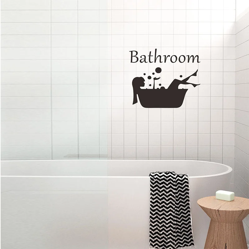 `Bathroom Word Glass Door Sticker Bathtub Person Silhouette Vinyl Decal For Shower Room Bathroom Partition Home Art Mural Decor`