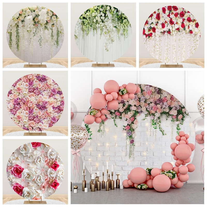 

Wedding Flowers Round Backdrop Cover Bridal Mr & Mrs Engaged Ceremony Circle Photography Background Party Decor Photocall Props