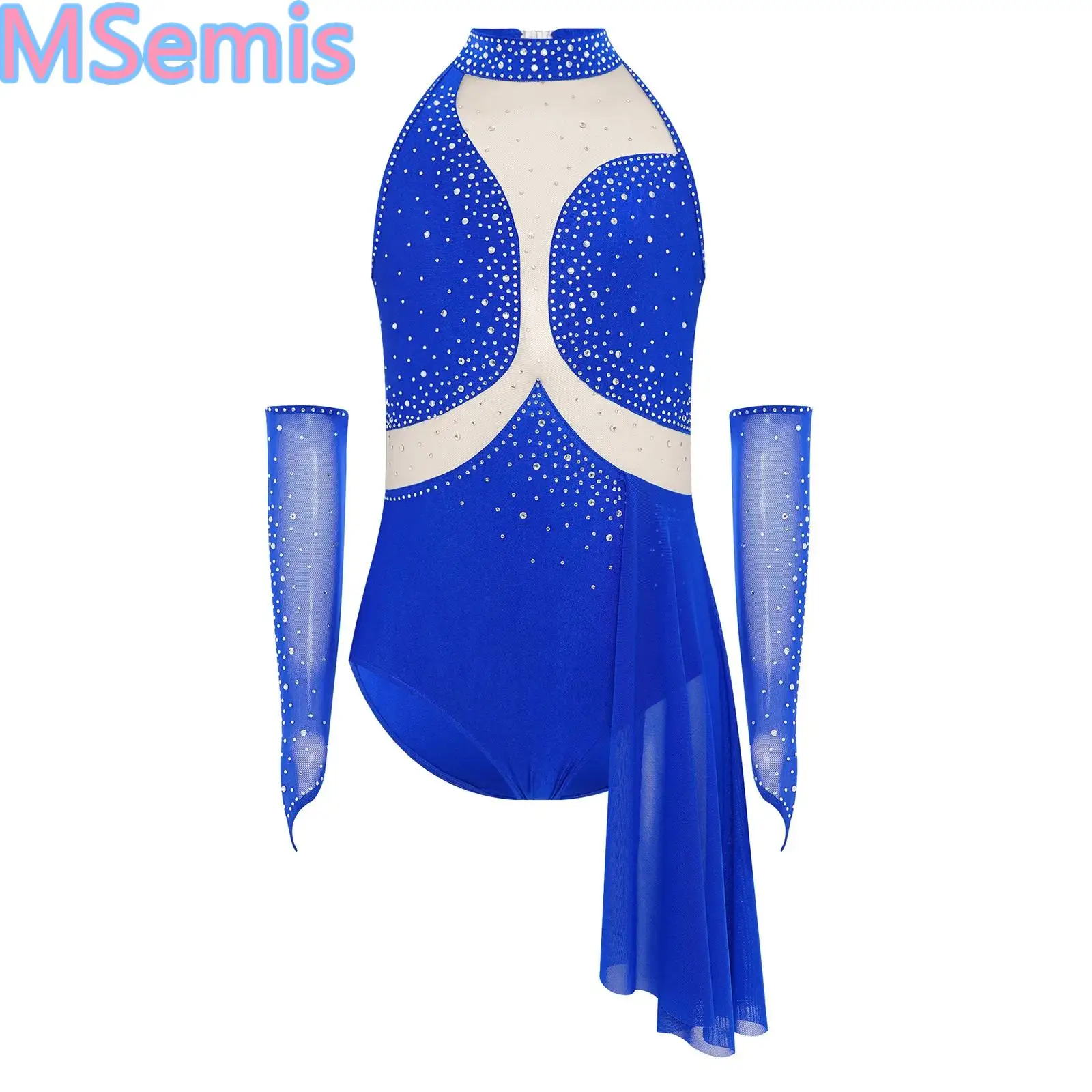 

Kids Girls Ballet Figure Skating Leotard Costume Modern Lyrical Dance Dress Rhinestones Sheer Mesh Asymmetrical Skirt And Gloves