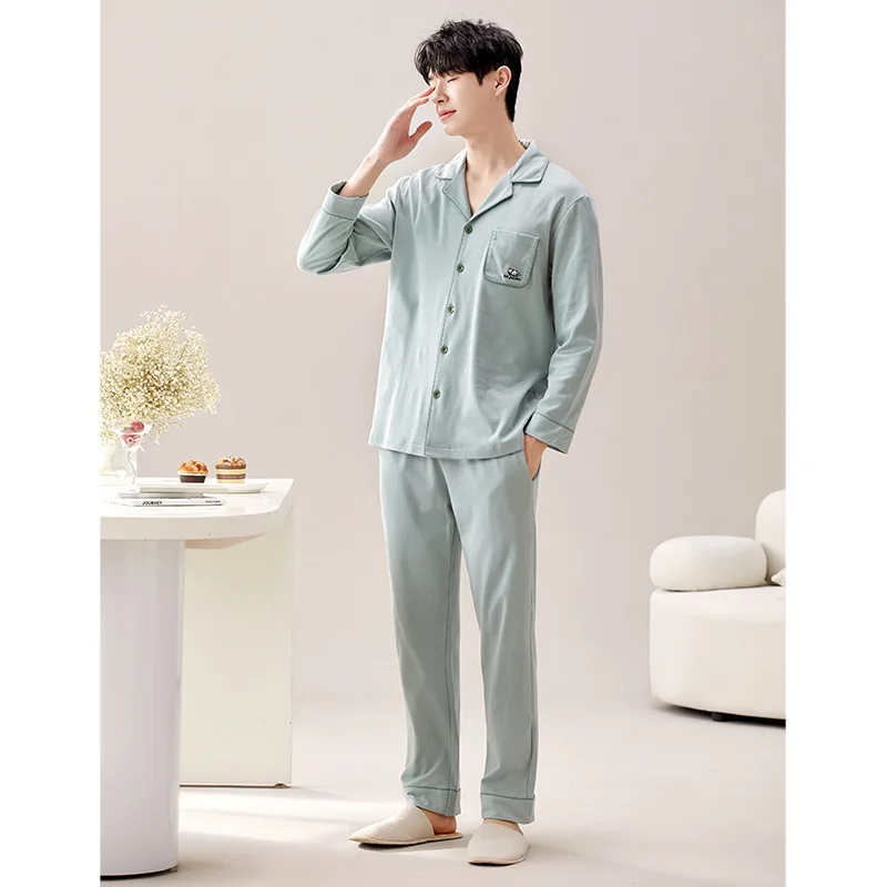 Baju tidur katun Korea 2 potong, Set atasan tidur lengan panjang & celana panjang, pakaian tidur rumah pria, piyama Dropship