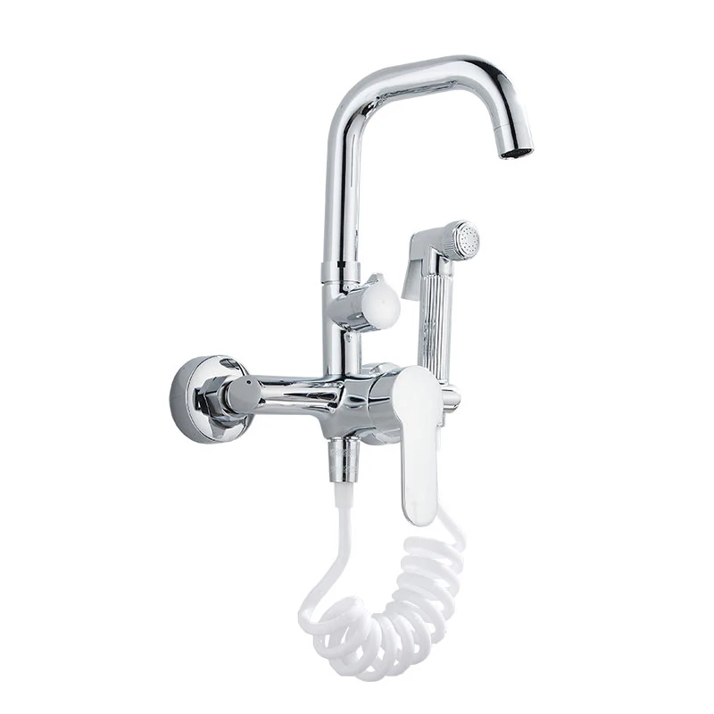 LANGYO Kitchen Vessel Sink Faucet Cold Hot Pull Out Spray Gun Wall Mount Chrome Taps Solid Brass Faucets